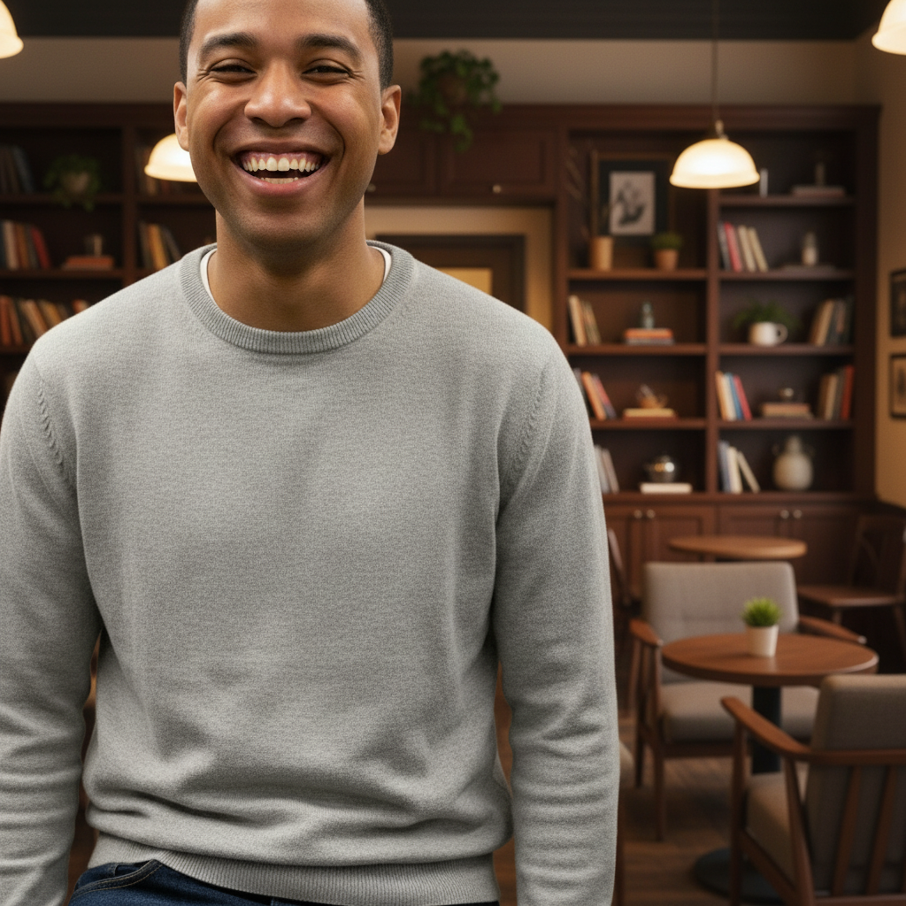 Same portrait now in cozy coffee shop setting