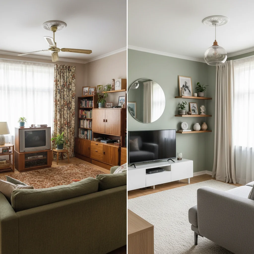 Living room makeover with old phone photo vs new high-quality photo