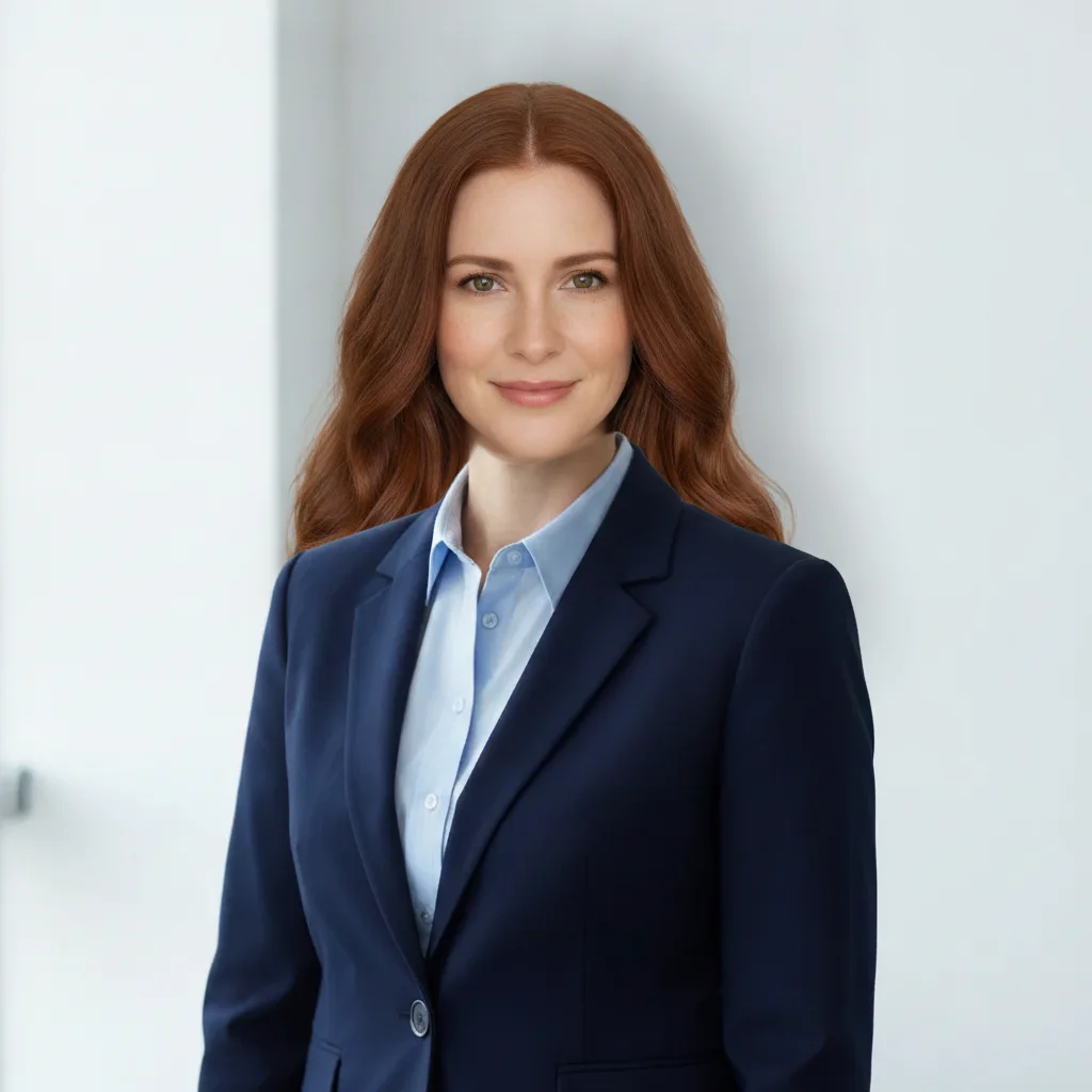 The same office photo with the auburn-haired woman's whole head on the body, blazer and background unchanged