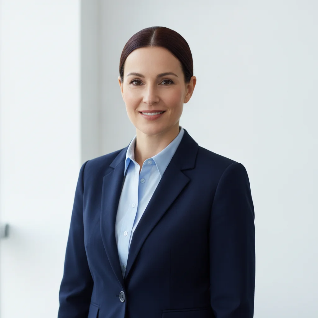 Woman in a navy blazer with her dark hair in a tight low bun, standing in a bright office