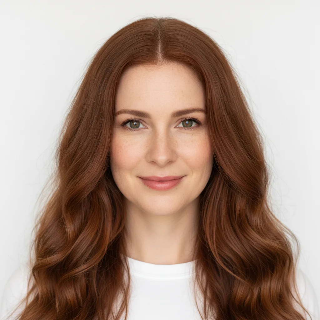 Portrait of a different woman with long auburn waves against a plain white background