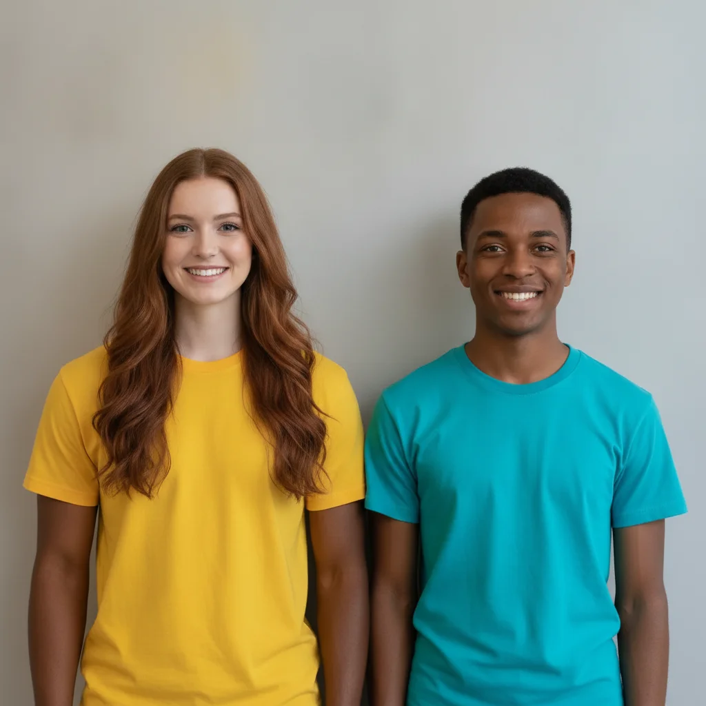The same photo with the two heads exchanged — the long auburn hair now on the yellow t-shirt, the short black hair on the teal one