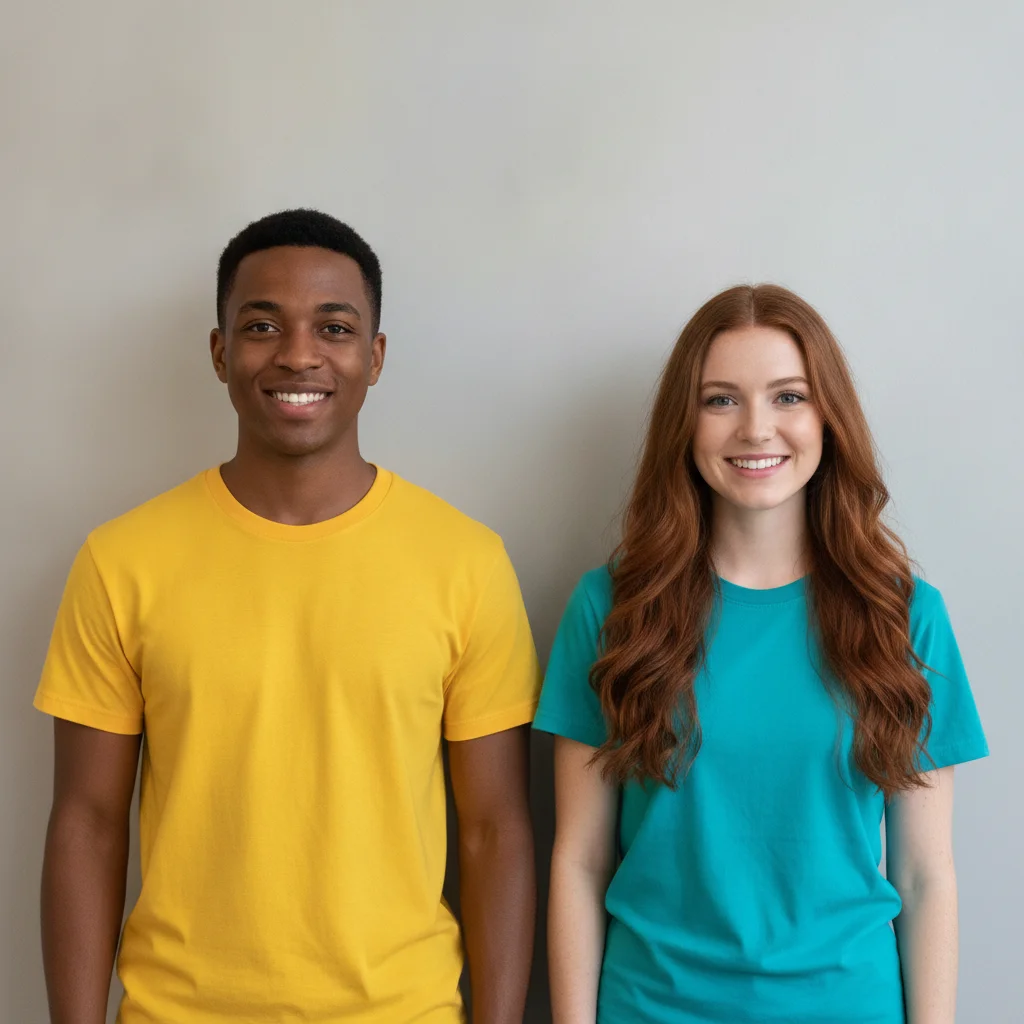 Two people side by side against a grey wall — a short-haired man in a yellow t-shirt on the left, a long-haired woman in a teal t-shirt on the right
