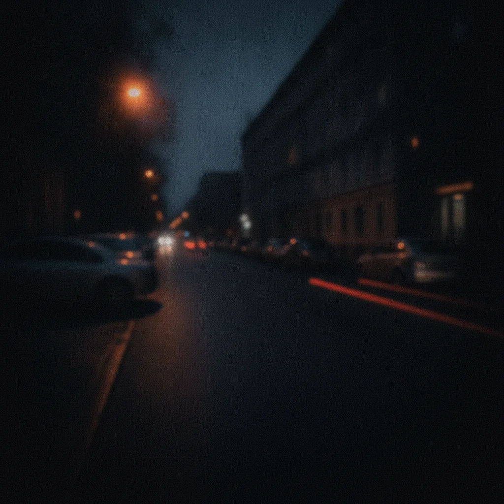 Dark noisy city street photo with severe underexposure and grain