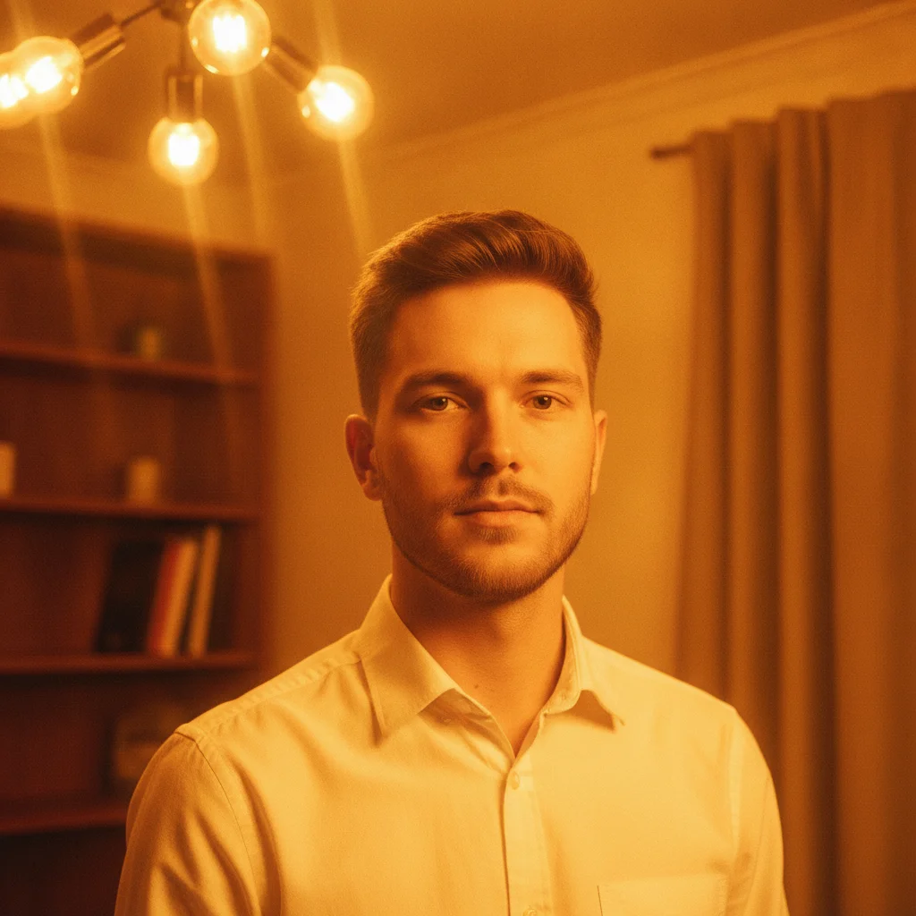 Portrait with heavy yellow-orange color cast from tungsten lighting