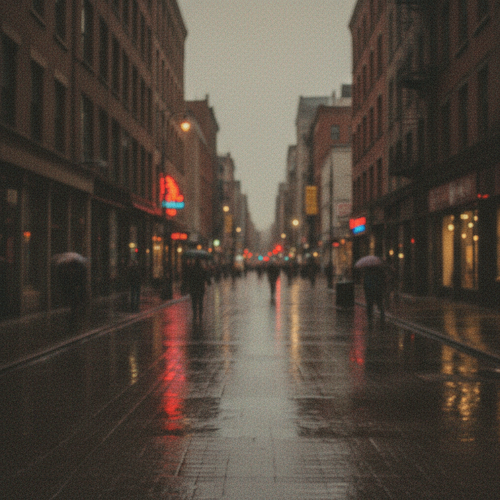 Noisy low-light city photo with heavy grain