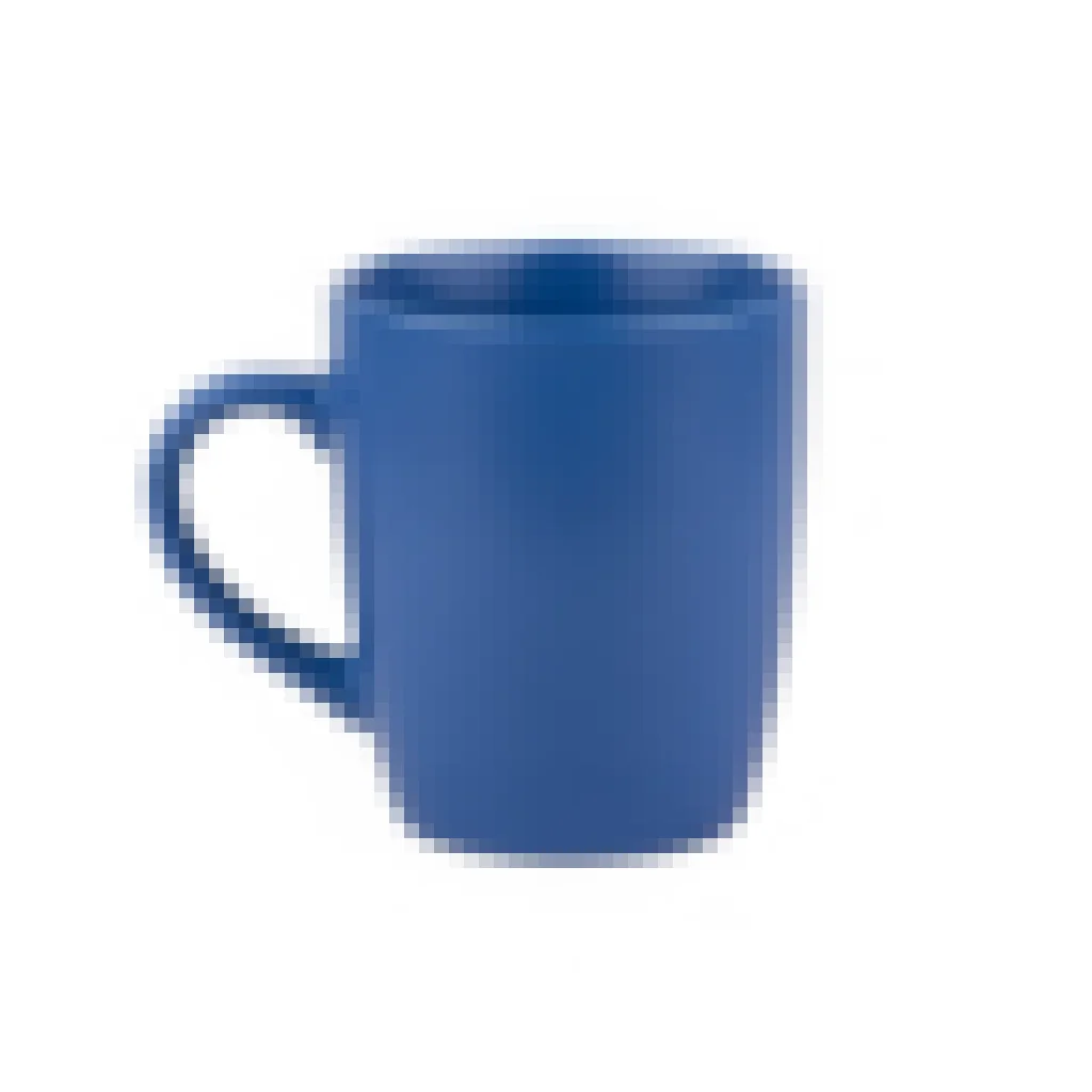 Small pixelated blue ceramic mug product photo with blocky edges on white background