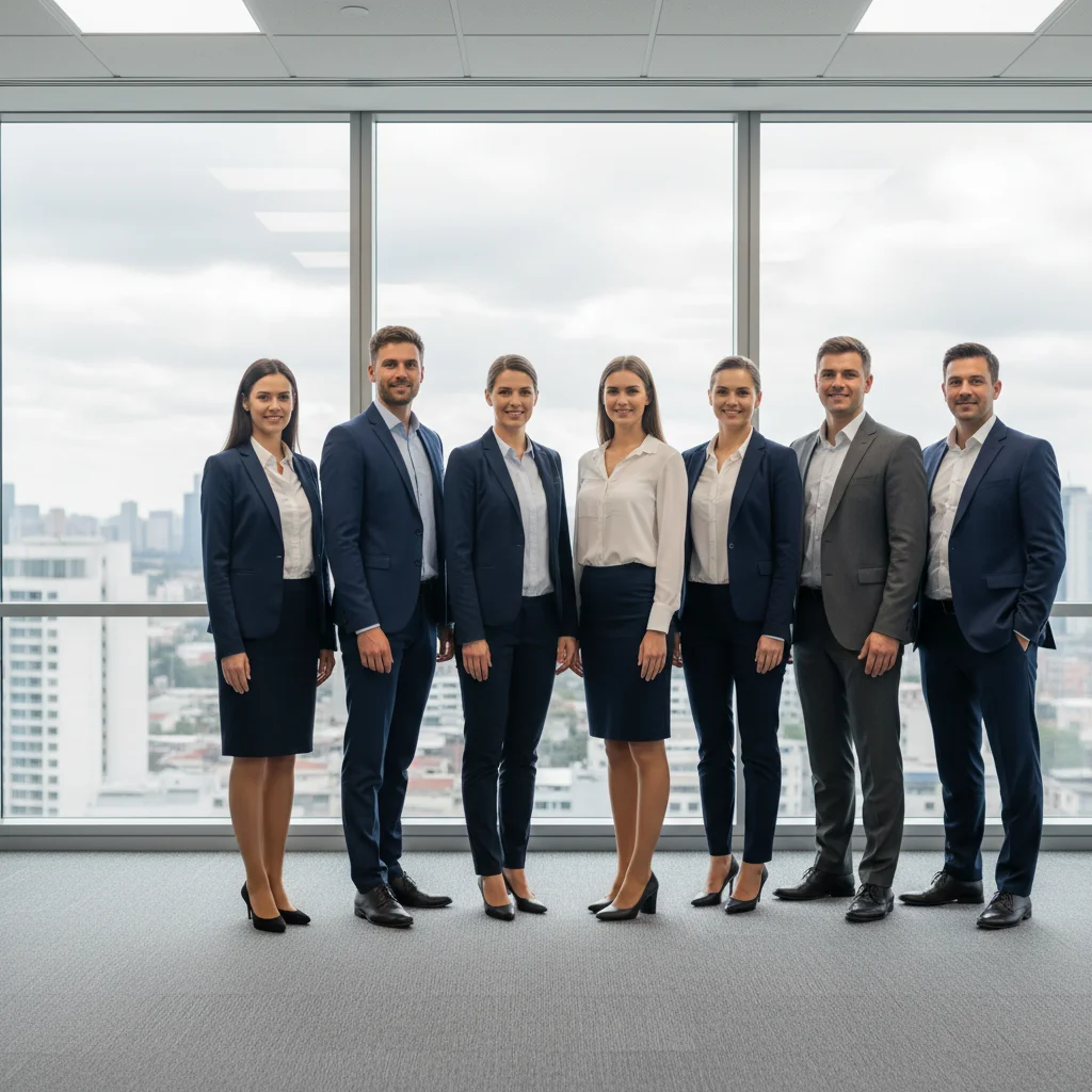 Office team photo with gap at left end of the lineup