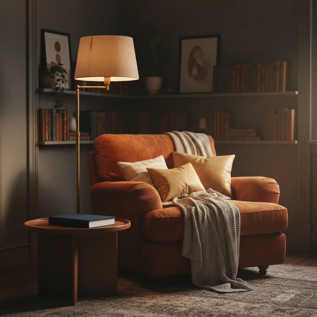 Same interior image with a book inserted onto the side table