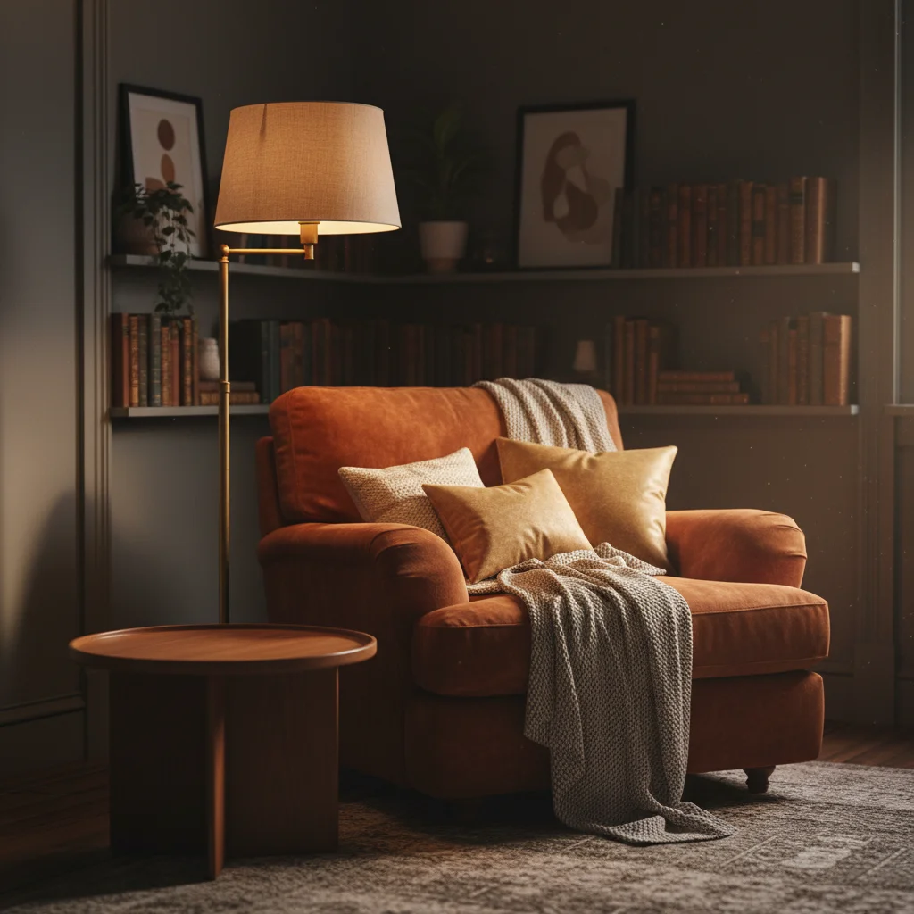 Reading corner interior with empty side table surface