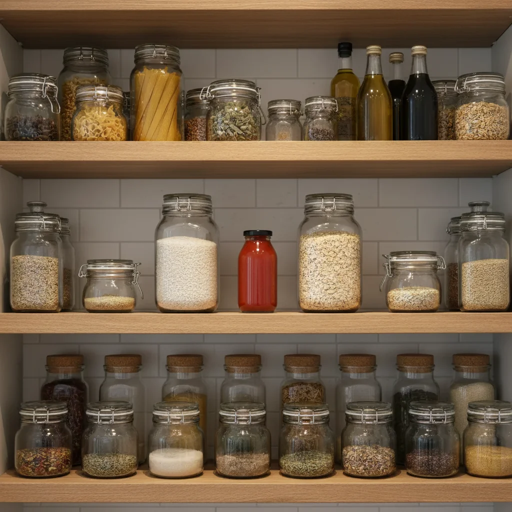 Same shelf with a sauce bottle precisely inserted into the gap