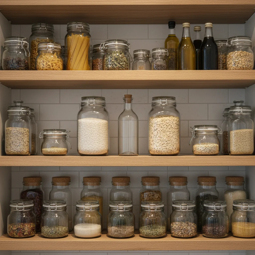 Pantry shelf with visible gap between two jars