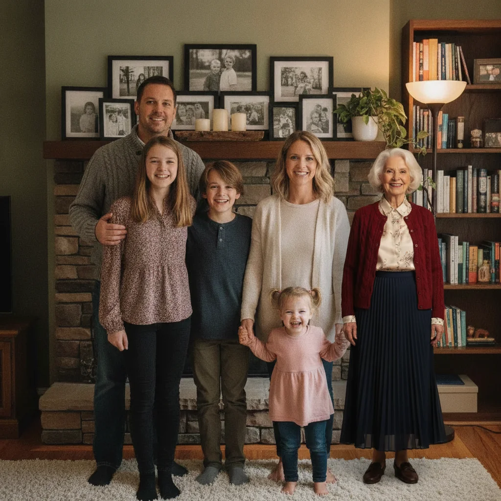 Same family with an older woman in a maroon cardigan added at the right end of the group