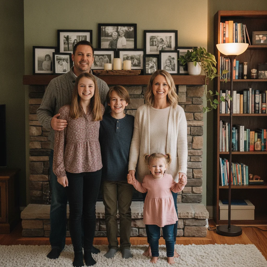 Family of five standing together in a cozy living room with a fireplace and bookshelf behind them