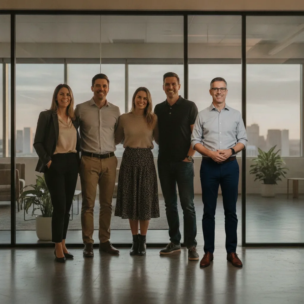 The same line-up with the man from the reference photo inserted at the right end in his pale blue shirt and navy chinos, matched in height and lighting