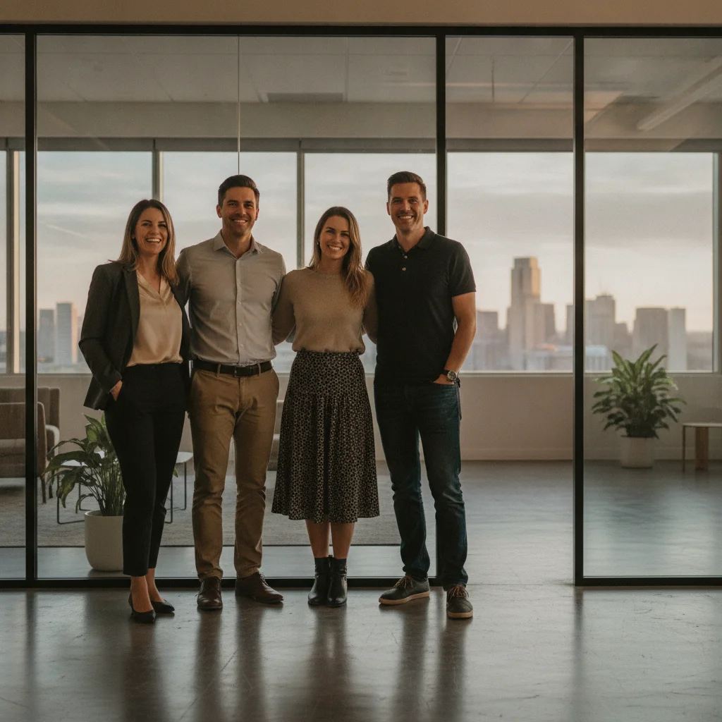 Four colleagues standing in a line in a modern office, empty floor at the right end
