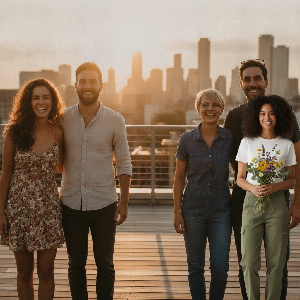 The same rooftop photo with the woman from the reference photo added at the right of the group in her white tee and olive trousers