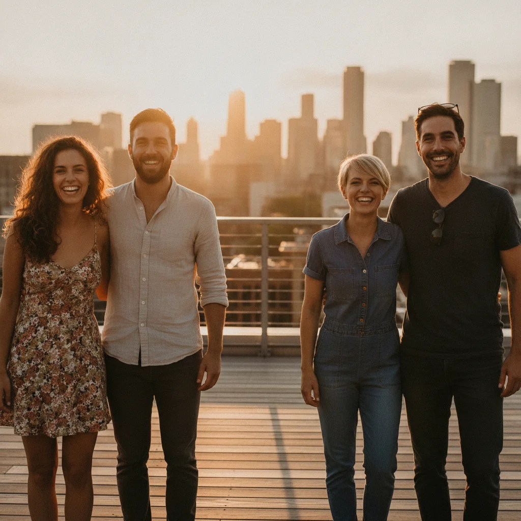 Four friends standing in a line on a rooftop terrace at golden hour with the city behind them