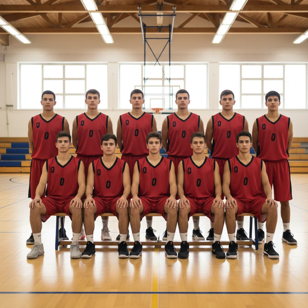 Basketball team photo with gap at right end of front row