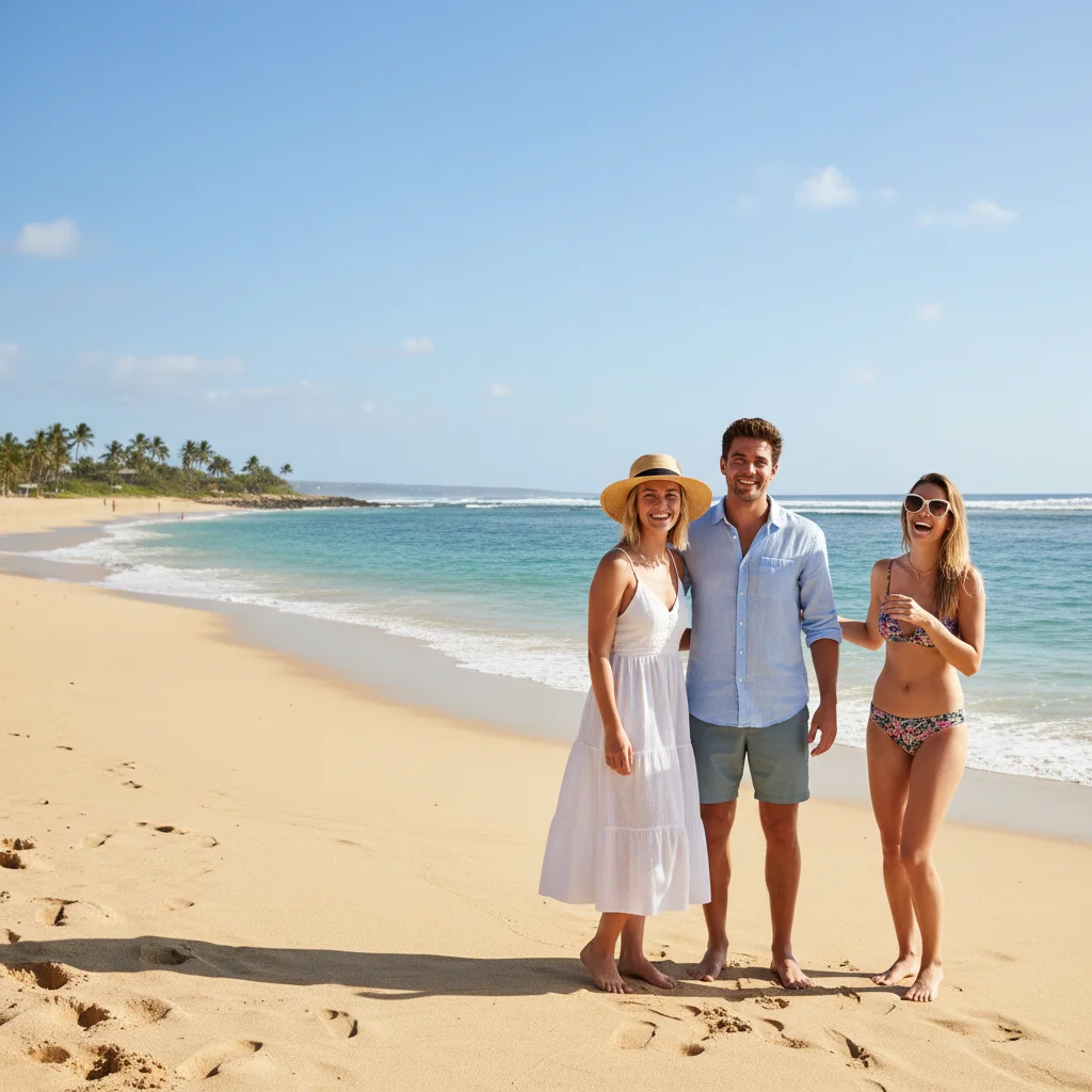 Beach vacation photo with open space to the left of the couple