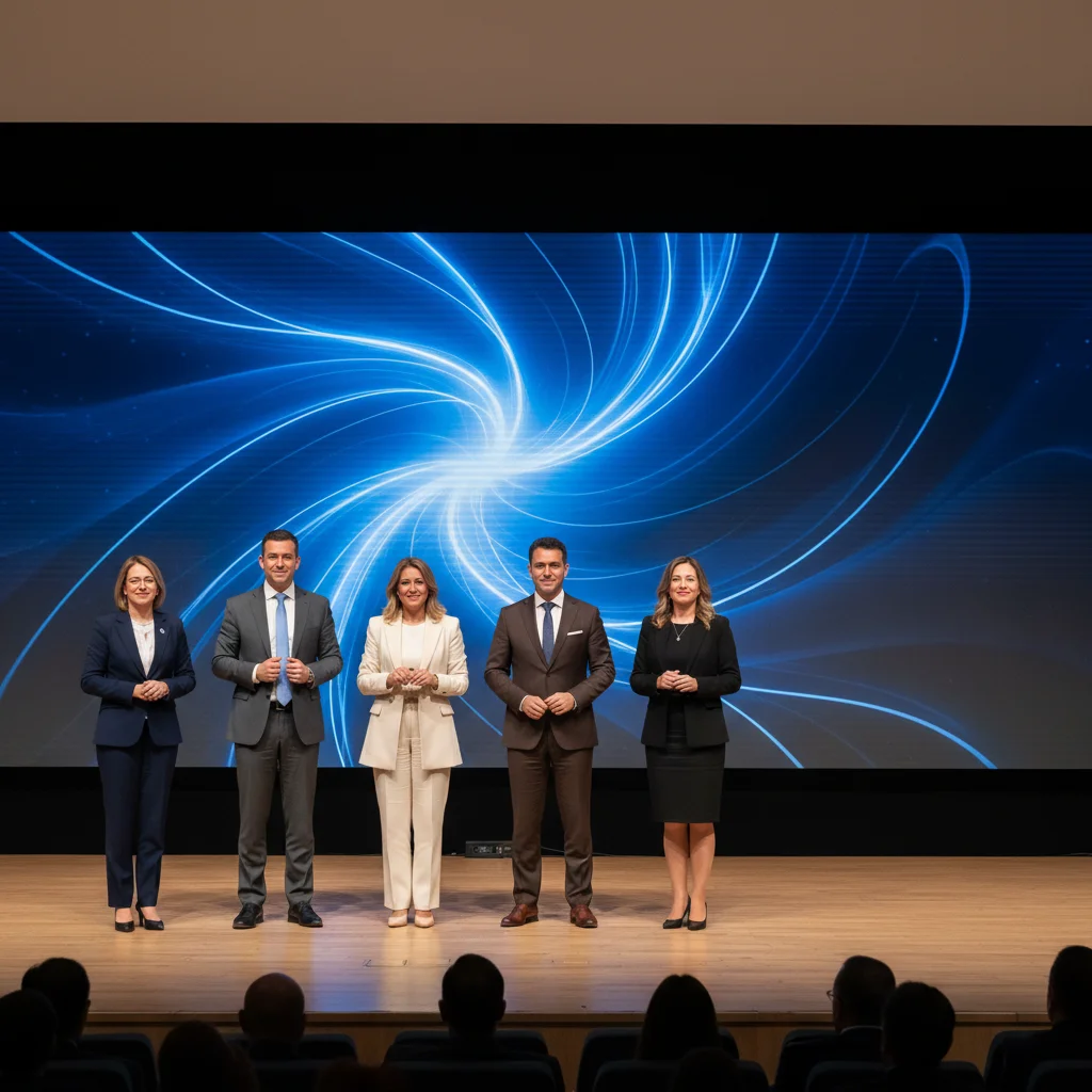 Conference stage picture with gap at right end of presenter row