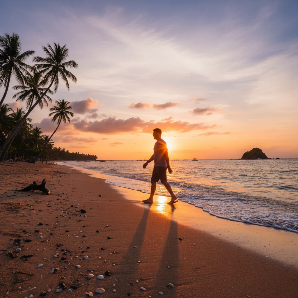 Beach sunset photo with unwanted stranger walking in background