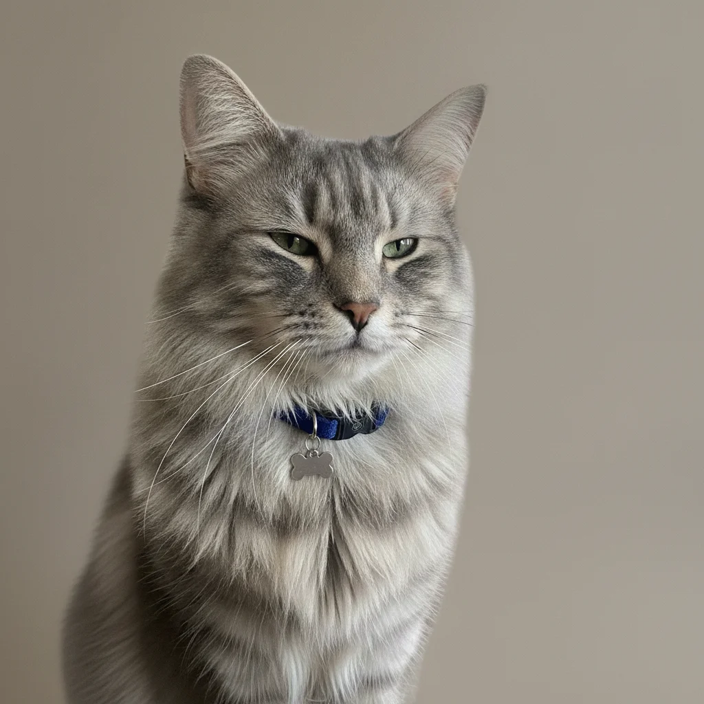 The same cat isolated on a plain warm-gray backdrop with markings and collar preserved