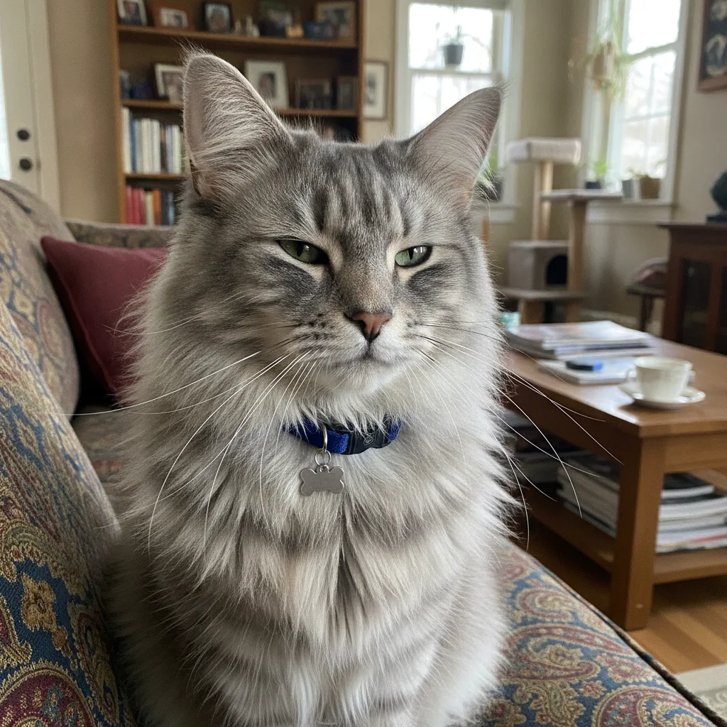 Long-haired grey cat on a patterned sofa in a busy living room