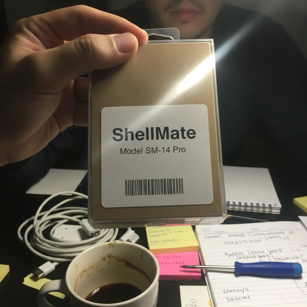 Hand holding a boxed phone case over a cluttered desk with tangled cables under harsh light