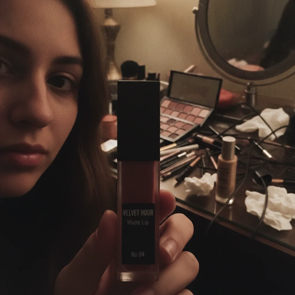 Creator holding a lipstick tube in front of a chaotic bedroom vanity in dim lamp light