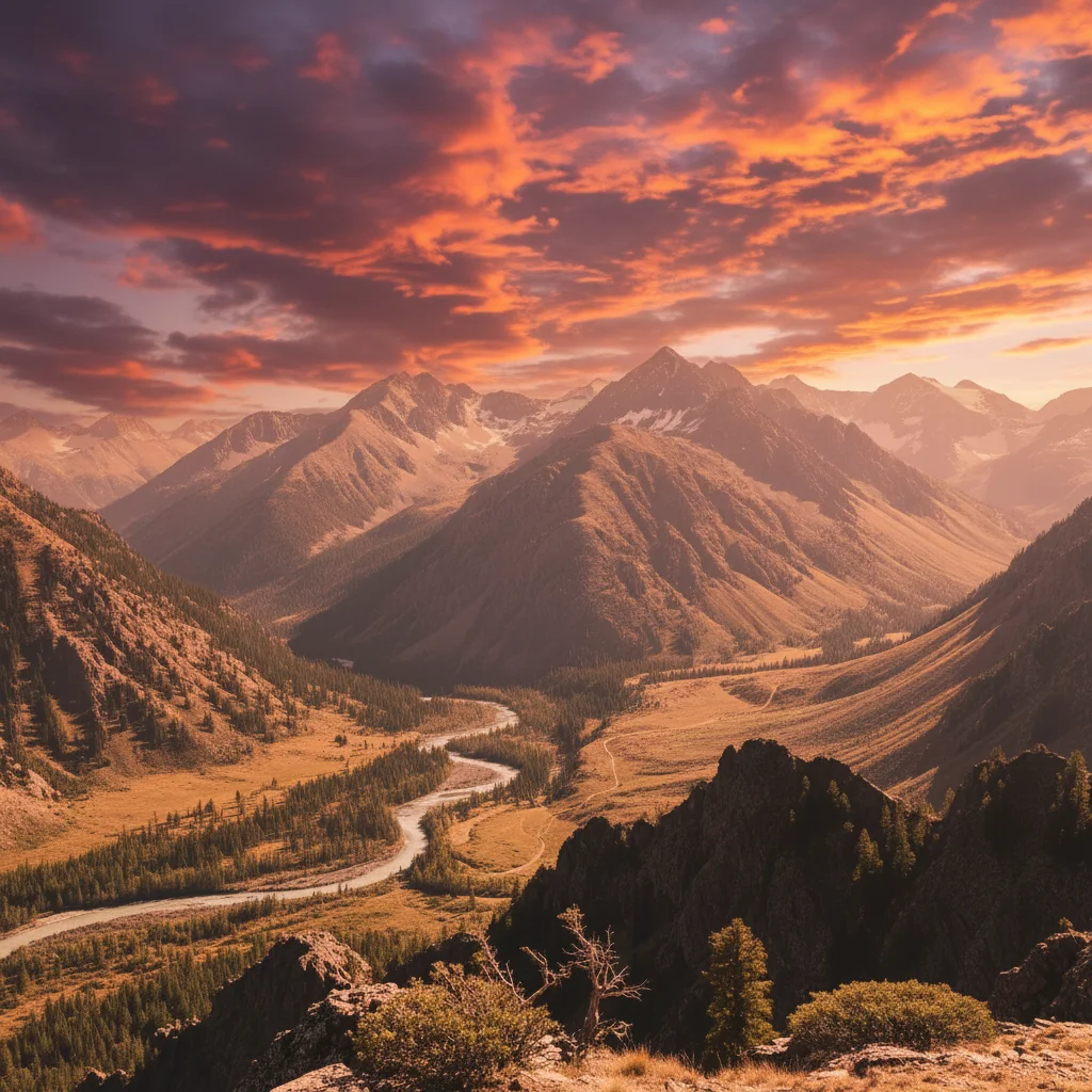 Same mountains with dramatic sunset sky and warm lighting