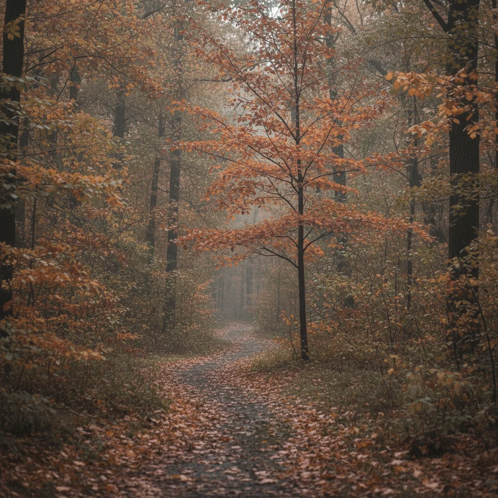 Same forest with vibrant orange and red fall colors