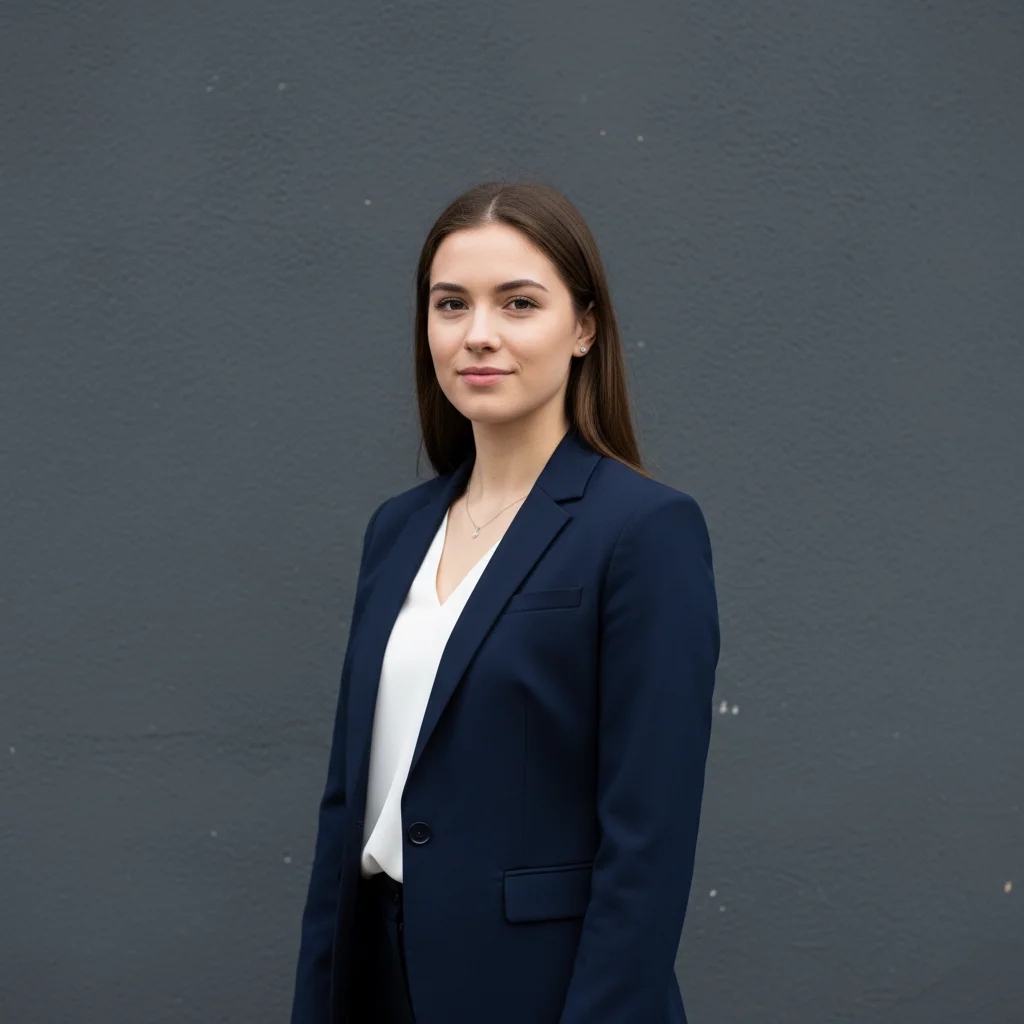 Accomplished student with composed expression, adequate but not T14-level presentation