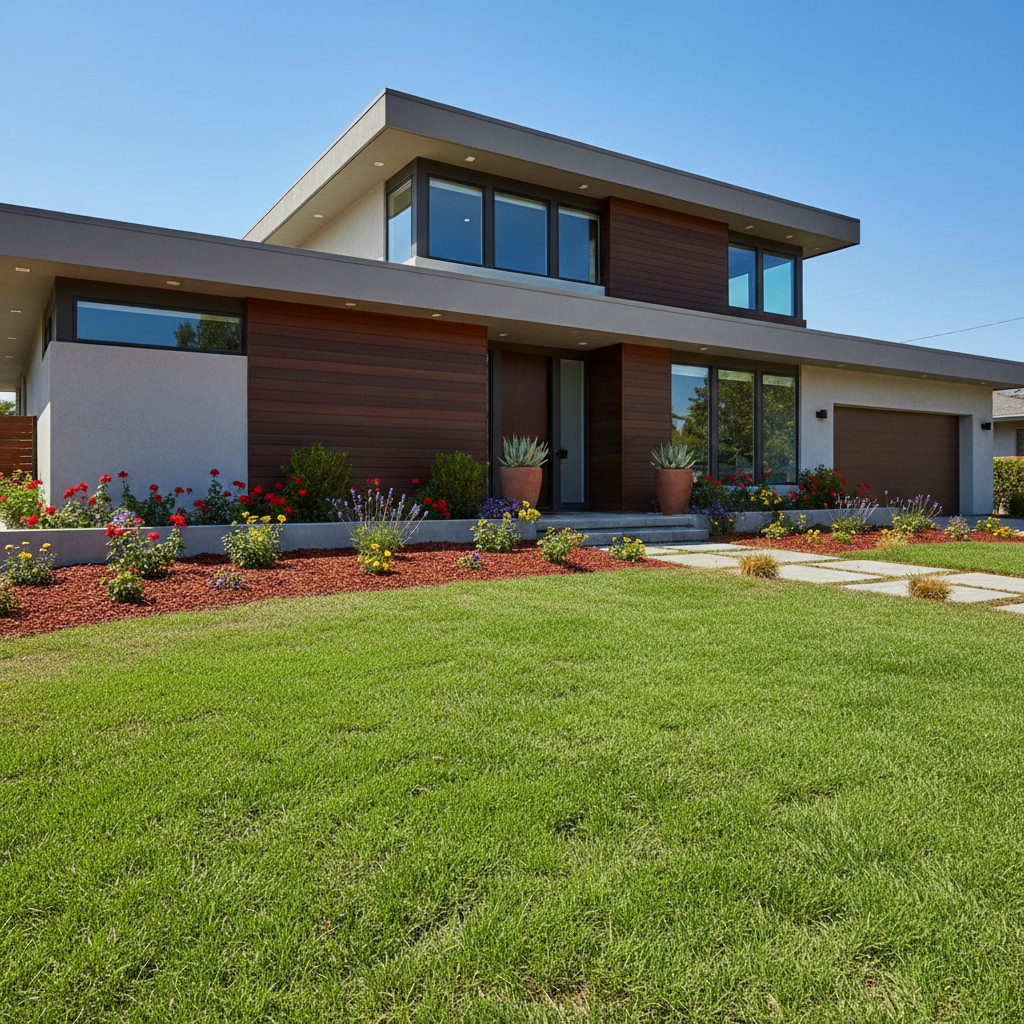 Same home with uniform lush green lawn, flower beds preserved