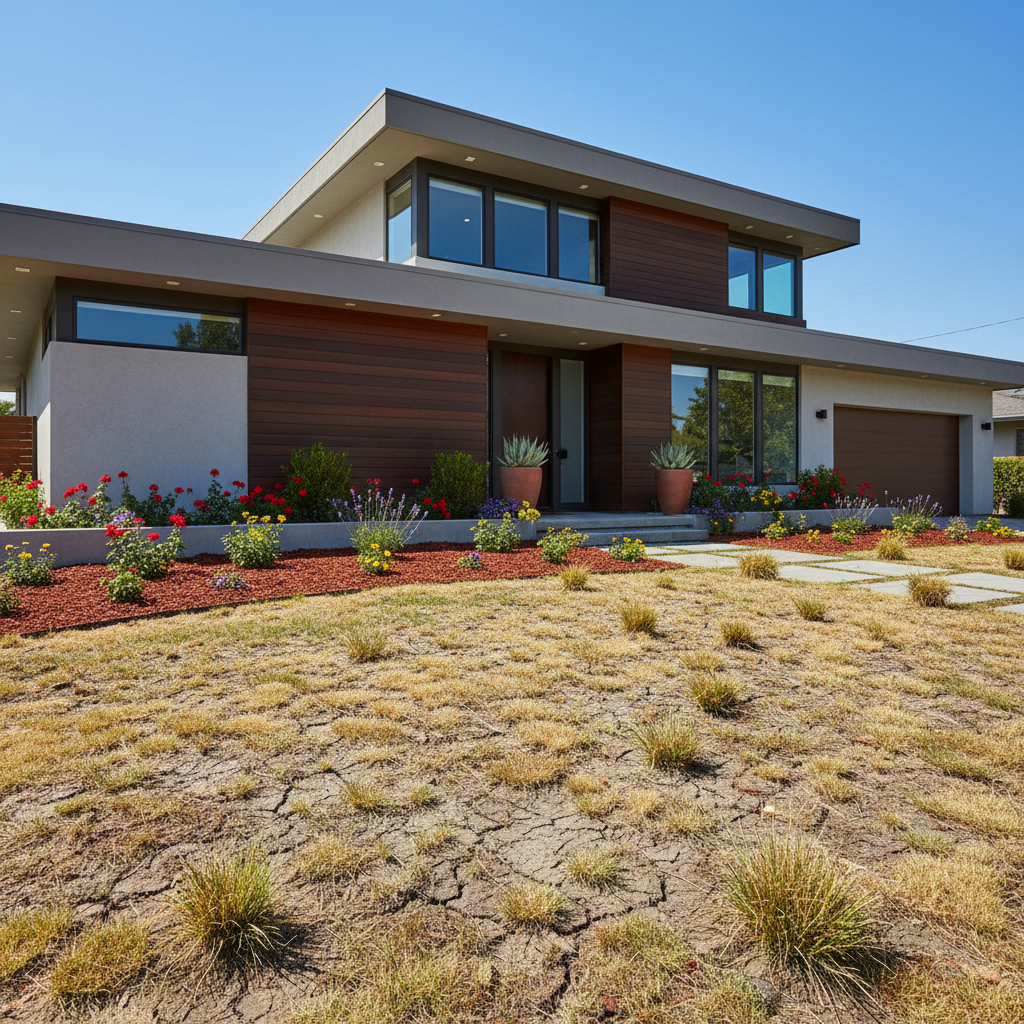 Modern home with patchy brown and yellow drought-damaged lawn
