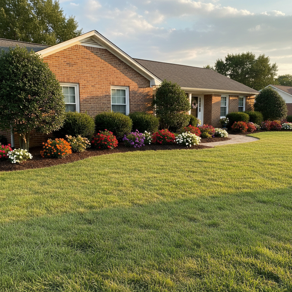 Same home with vibrant green lawn, all landscaping elements preserved perfectly