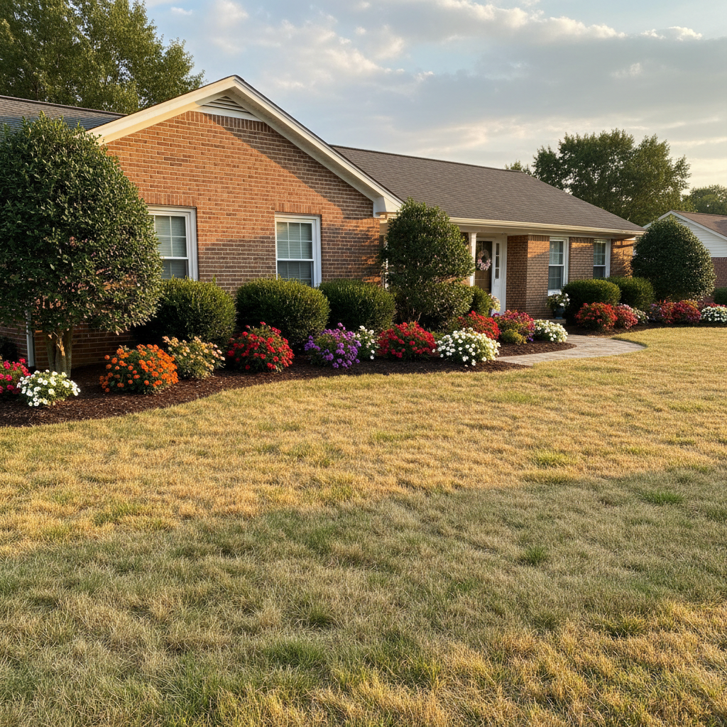 Brick home with yellowed lawn but beautiful landscaping and flower beds