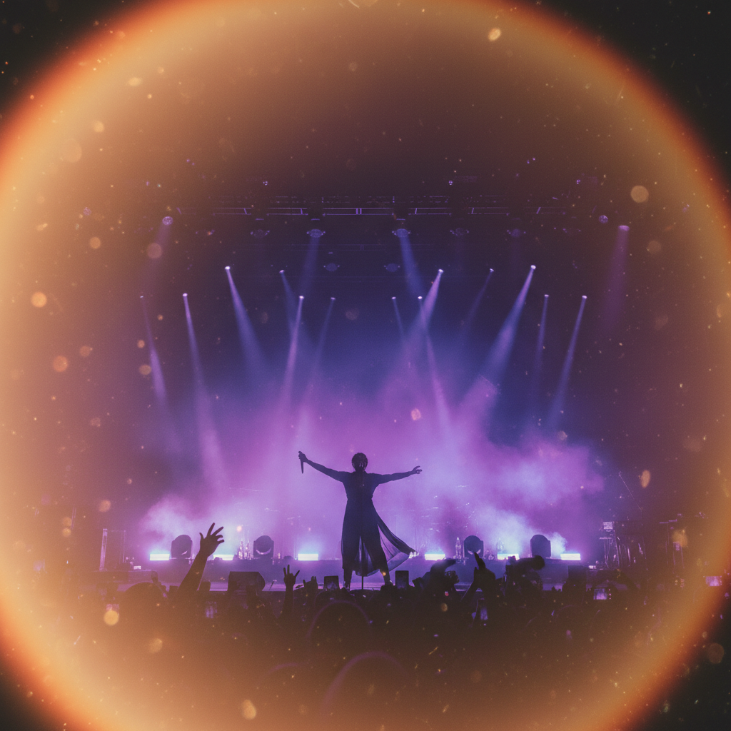 Concert photo with warm light leak layered in corner