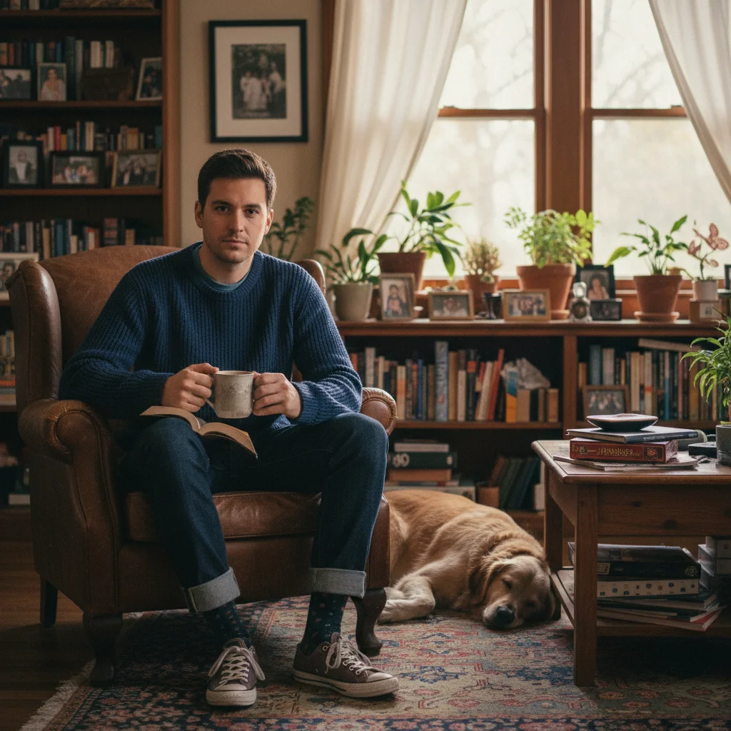 Indoor photo with harsh shadows under eyes and nose
