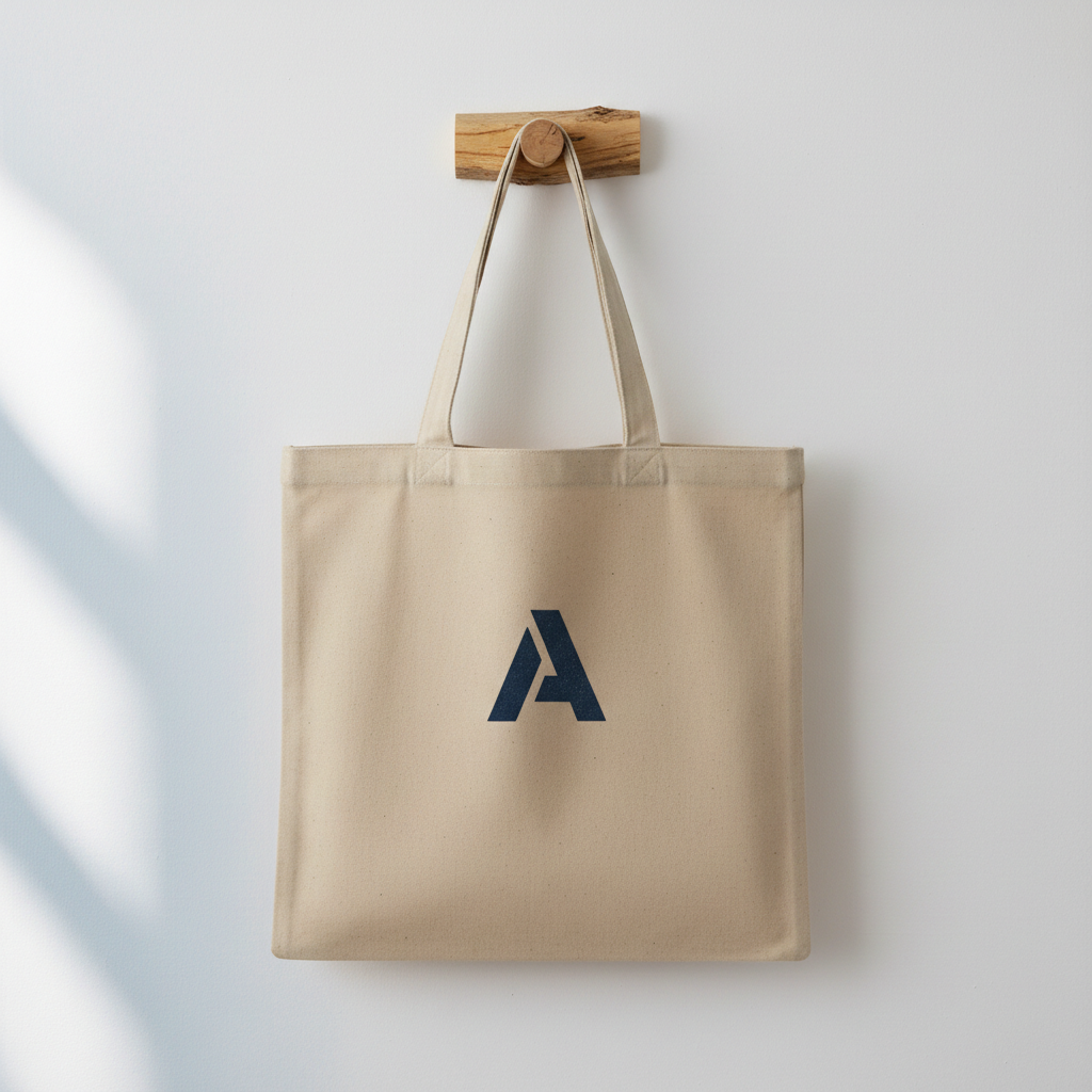 Same tote bag with a screen-printed navy logo on the front panel, fabric texture visible