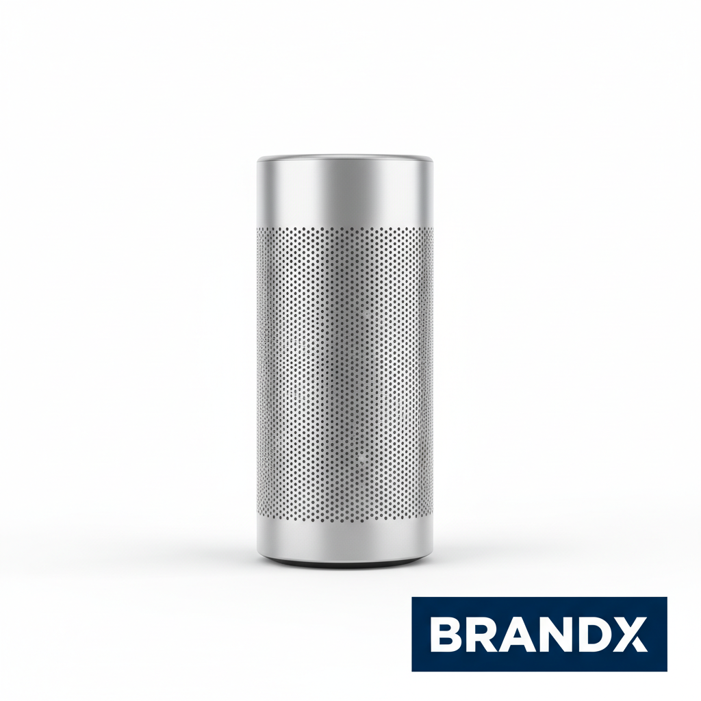 Silver speaker on white background with brand logo in bottom-right corner