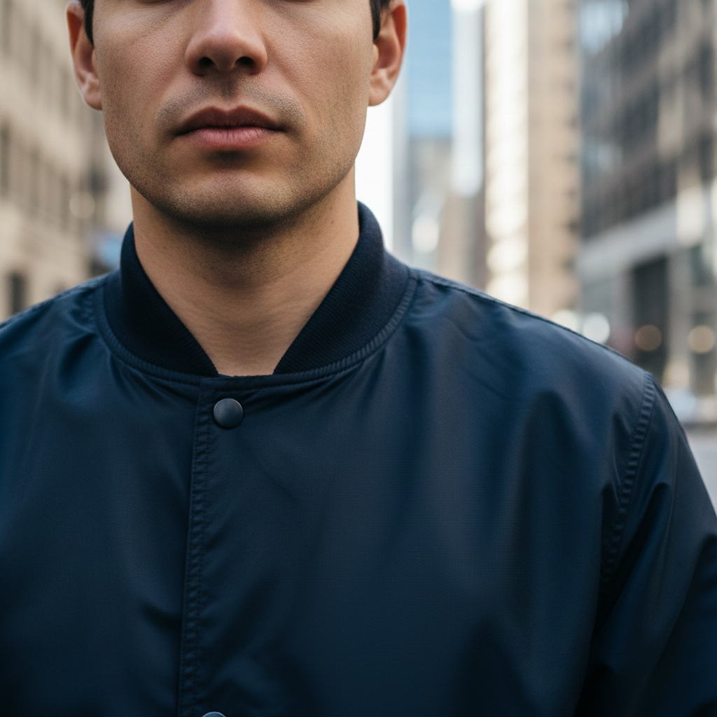 Same jacket with chest logo removed and fabric texture filled in cleanly
