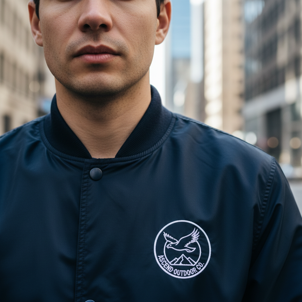 Person wearing navy bomber jacket with white brand logo on chest