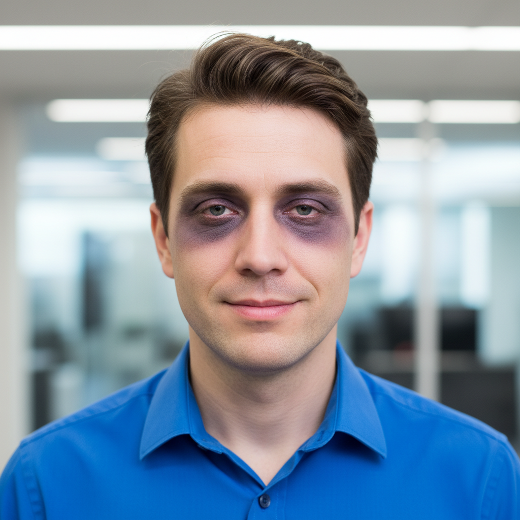 Professional headshot showing severe exhaustion and sleep deprivation