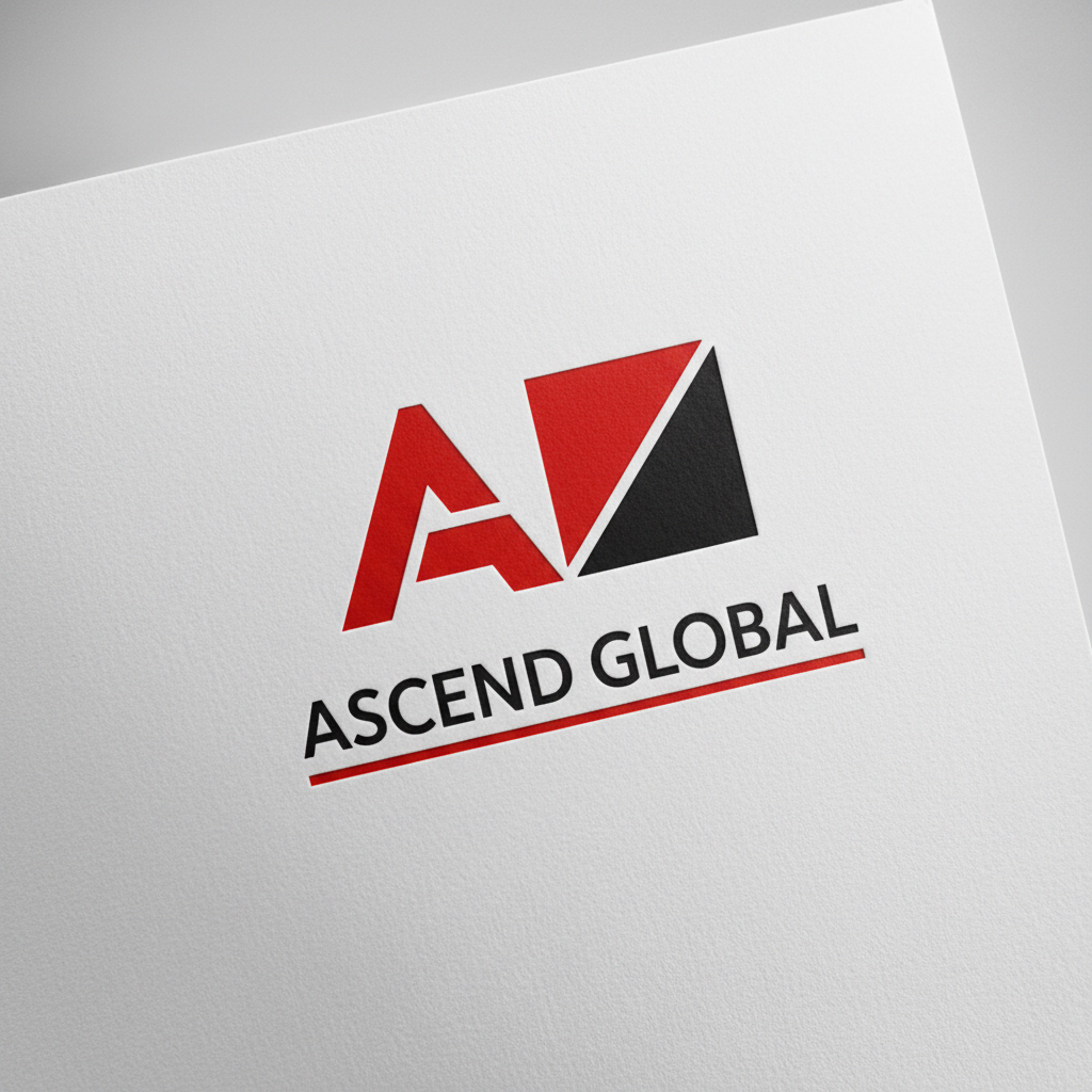 Red and black logo printed on white paper