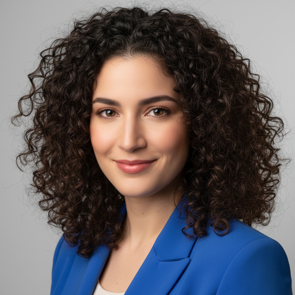 Professional headshot with curly hair against gray studio background