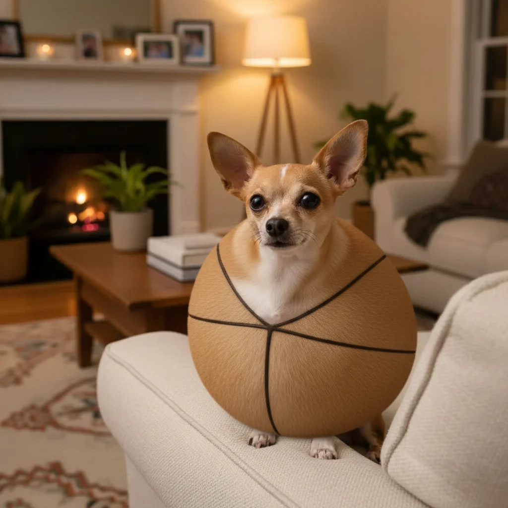 Same small dog made to look comically round and overweight