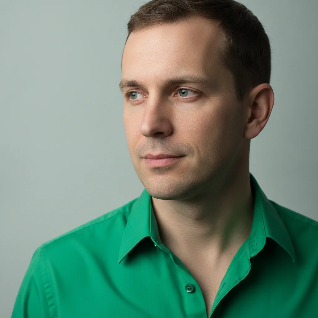 Man in a bright green shirt looking off to the left, away from the camera