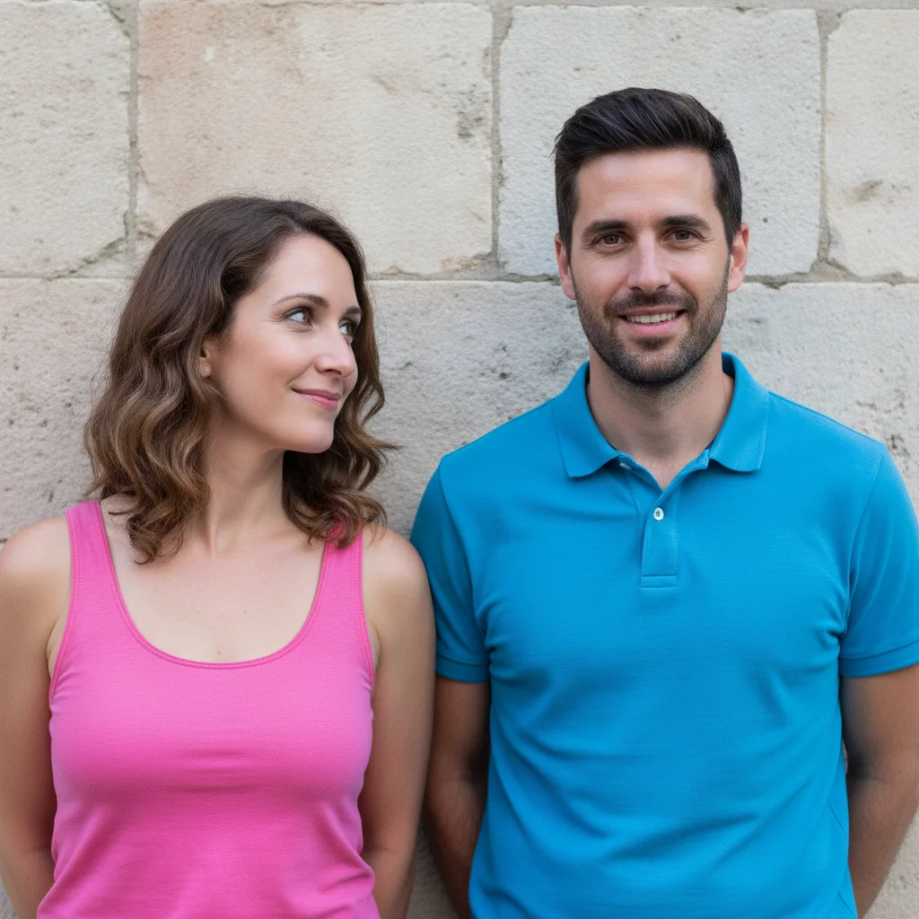Couple outdoors, the woman in pink glancing sideways instead of at the camera