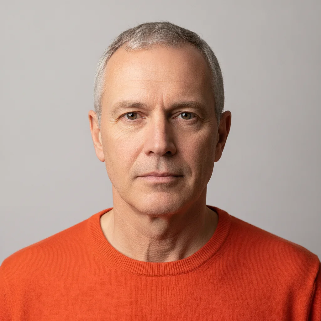 Man in a bright orange sweater with a neutral, unsmiling expression